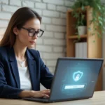 Femme professionnelle accédant à un espace propriétaire sécurisé en ligne depuis son bureau à domicile