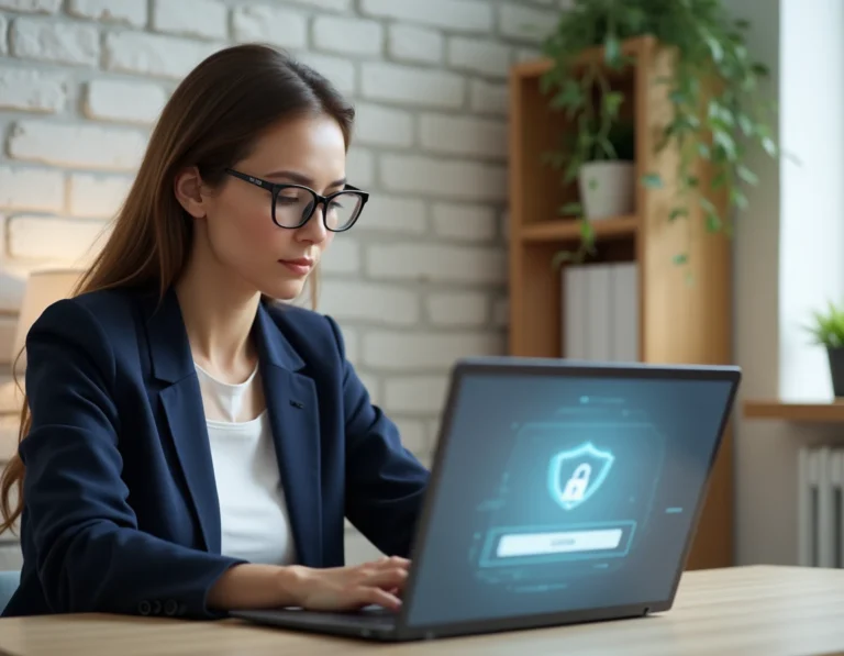 Femme professionnelle accédant à un espace propriétaire sécurisé en ligne depuis son bureau à domicile