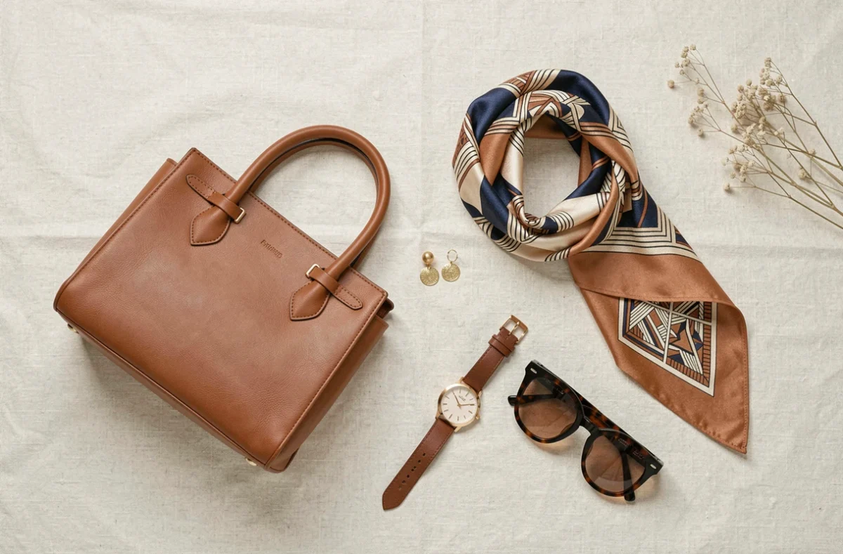 Plat posé d'accessoires de mode tendance : sac en cuir cognac, foulard en soie, lunettes et bijoux dorés sur lin crème
