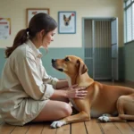 Femme adoptant un chien dans un refuge animalier, moment de connexion émouvante entre humain et animal