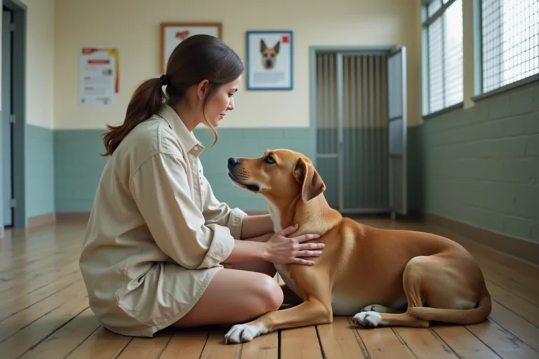 Femme adoptant un chien dans un refuge animalier, moment de connexion émouvante entre humain et animal