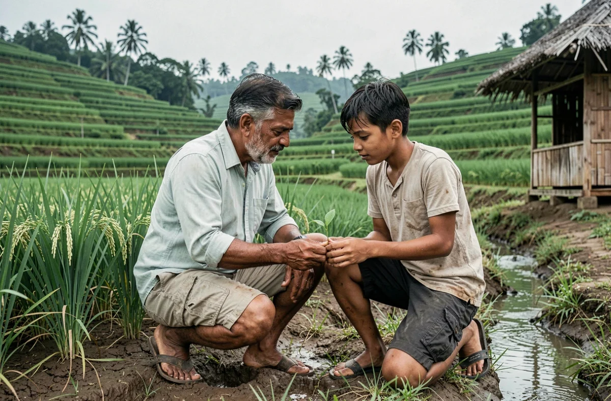 Touriste solidaire et agriculteur cambodgien examinant ensemble des plants de riz dans des rizières en terrasses, représentant l'agrotourisme responsable et les échanges équitables