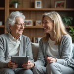 Femme senior souriante avec aidante et tablette dans un salon chaleureux