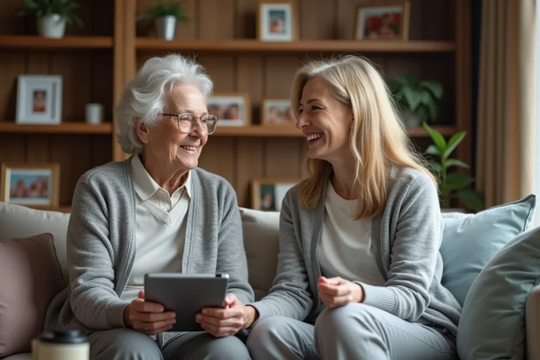 Femme senior souriante avec aidante et tablette dans un salon chaleureux