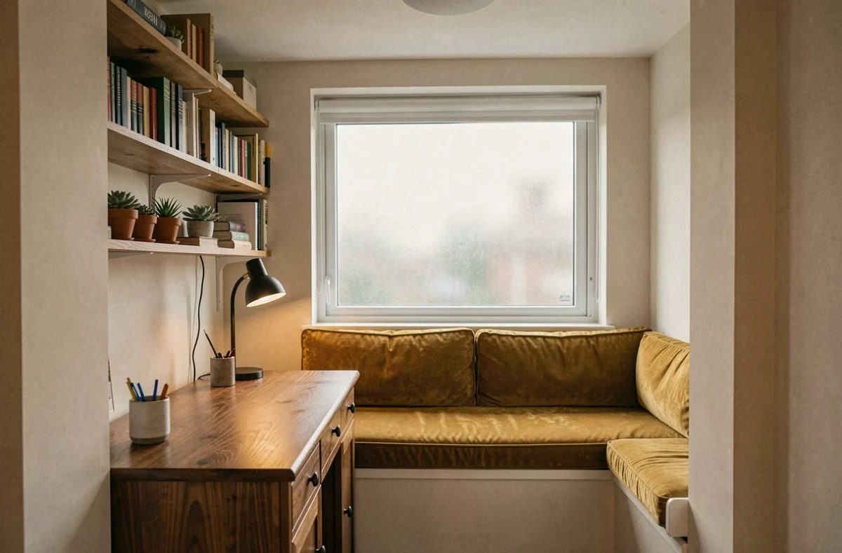 Bureau à domicile aménagé dans une alcôve cosy avec étagère en bois et banquette velours moutarde