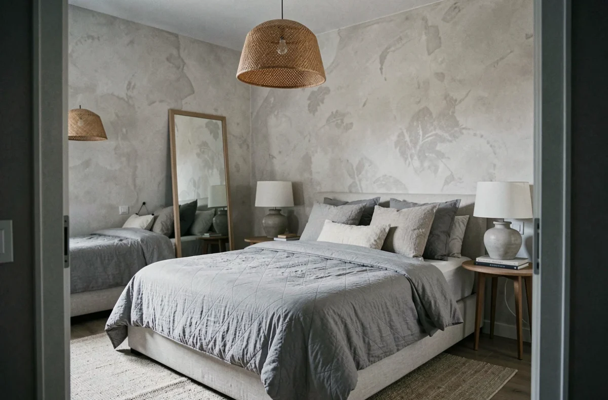 Chambre parentale élégante et pratique avec literie en lin gris, table de nuit en bois et miroir pleine longueur