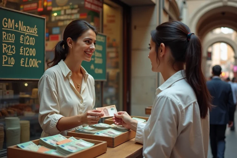 Femme changeant des euros en livre turque à un bureau de change dans le Grand Bazar d'Istanbul