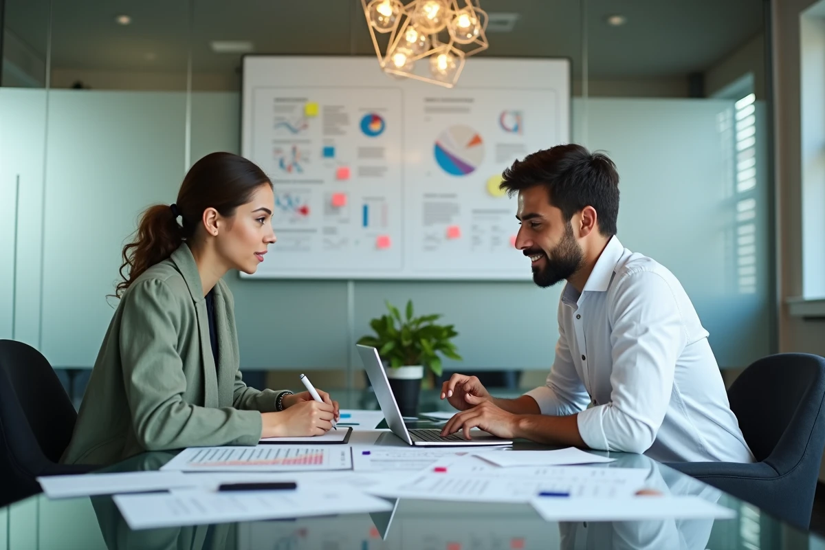 Deux professionnels collaborant autour d'outils digitaux et d'un CRM lors d'une réunion en salle de conférence