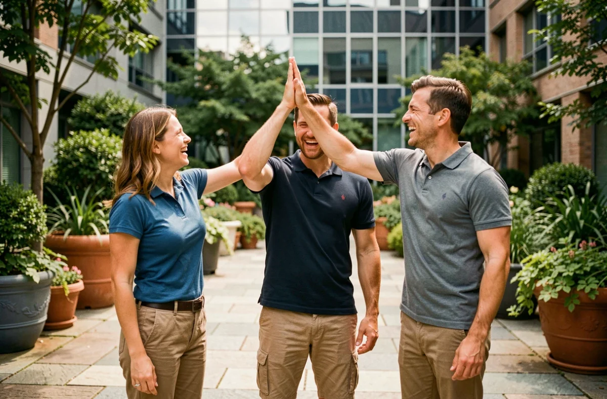 Trois collègues souriants qui se font un high-five dans une cour d'entreprise lors d'une activité de team building en extérieur