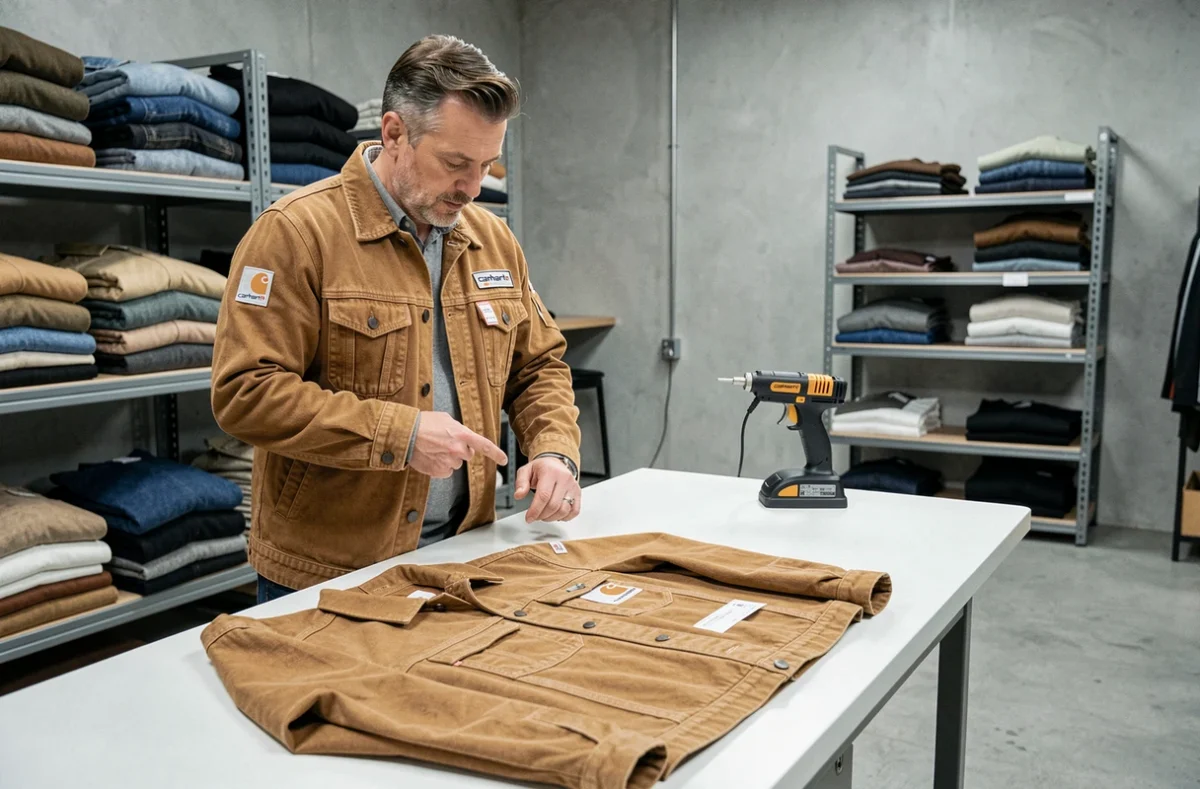 Homme comparant une veste Carhartt authentique et une contrefaçon sur une table d'inspection dans une réserve de magasin