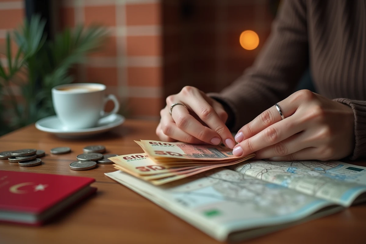 Mains comptant des billets de livre turque et des euros sur une table de café en Turquie