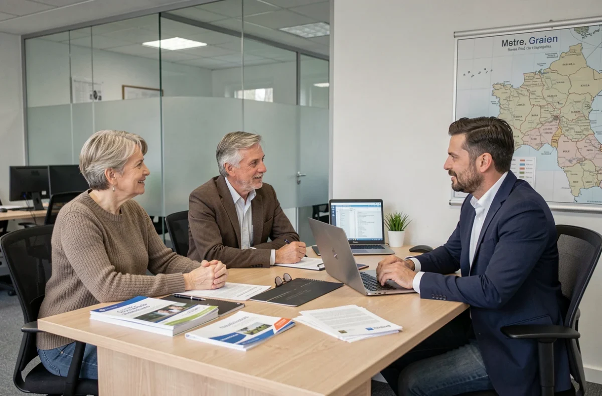 Couple en rendez-vous avec un conseiller mutuelle santé dans une agence en Isère