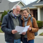 Un couple d'adultes étudie des documents dehors devant une maison