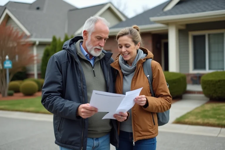 Un couple d'adultes étudie des documents dehors devant une maison