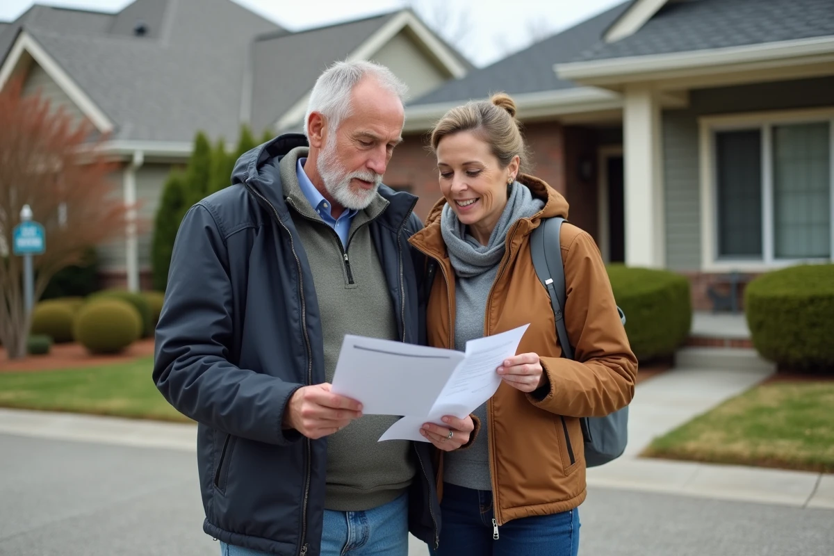 Un couple d'adultes étudie des documents dehors devant une maison