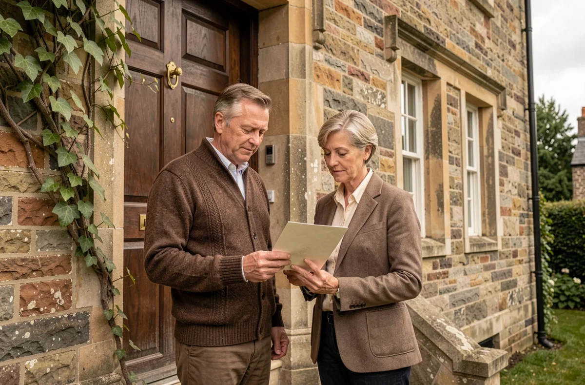 Couple devant leur maison en pierre tenant un document officiel de cession de bien immobilier