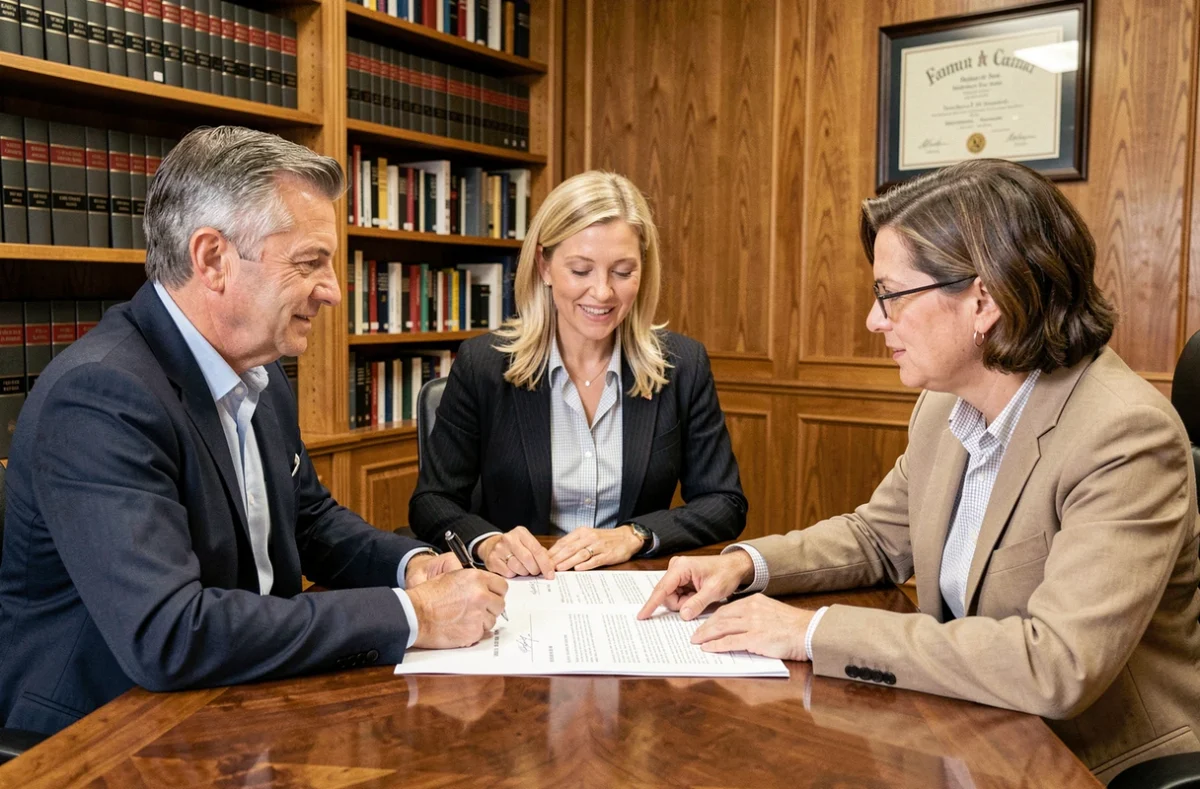 Couple et notaire signant un acte de donation de part de maison dans un bureau notarial