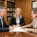 Couple et notaire signant un acte de donation de part de maison dans un bureau notarial