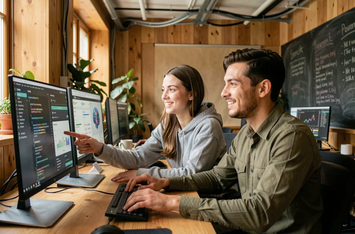 Deux développeurs collaborant sur des projets d'intelligence artificielle et de data dans un espace de coworking moderne