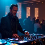 DJ professionnel derrière une table de mixage haut de gamme lors d'une soirée privée exclusive