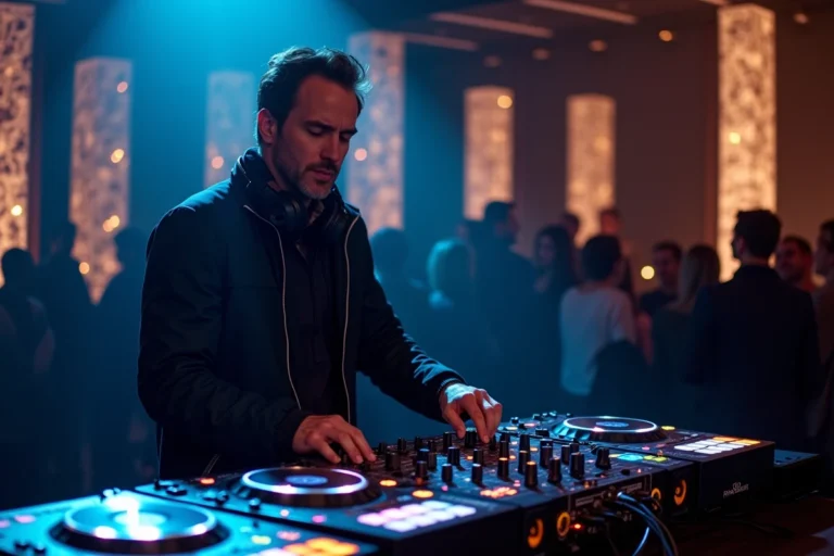 DJ professionnel derrière une table de mixage haut de gamme lors d'une soirée privée exclusive