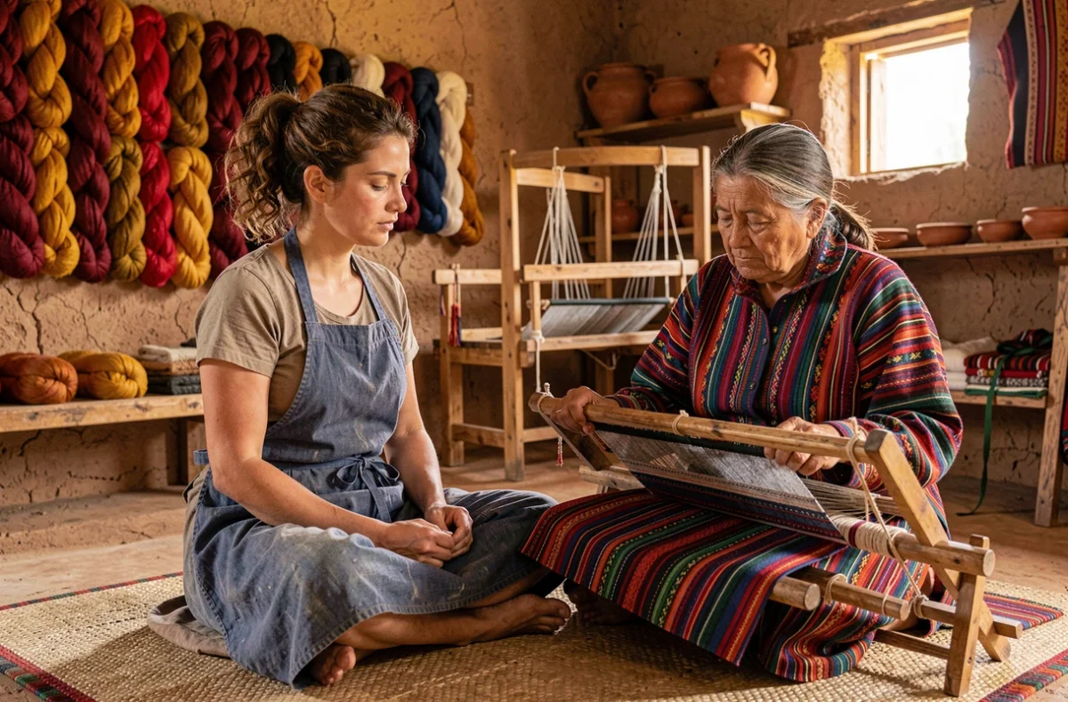 Voyageuse européenne apprenant le tissage traditionnel aux côtés d'une artisane indigène péruvienne dans un atelier artisanal authentique, symbole d'échange culturel solidaire