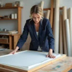 Femme emballant soigneusement un tableau encadré avec du papier de soie acide dans un atelier d'art avant un transport aérien