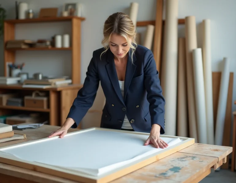 Femme emballant soigneusement un tableau encadré avec du papier de soie acide dans un atelier d'art avant un transport aérien