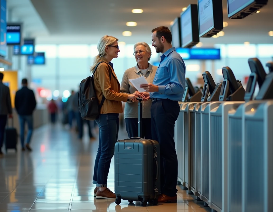 Couple présentant une mallette rigide pour œuvre d'art au comptoir d'enregistrement d'un aéroport international