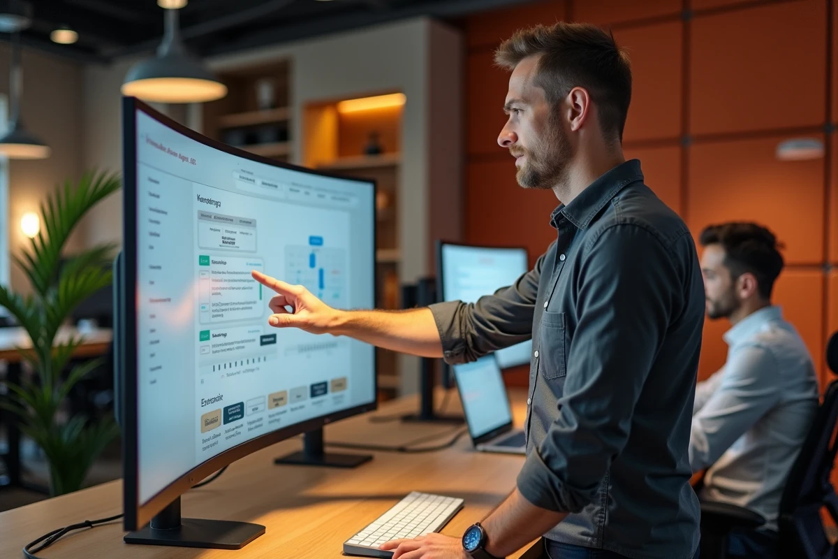 Entrepreneur debout à un bureau ergonomique utilisant un logiciel de gestion de projets dans un espace de co-working