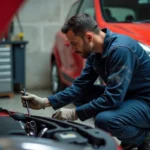 Mécanicien vérifiant le niveau d'huile moteur d'une Renault Clio 3 phase 2 dans un garage résidentiel