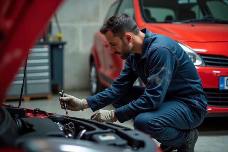 Mécanicien vérifiant le niveau d'huile moteur d'une Renault Clio 3 phase 2 dans un garage résidentiel