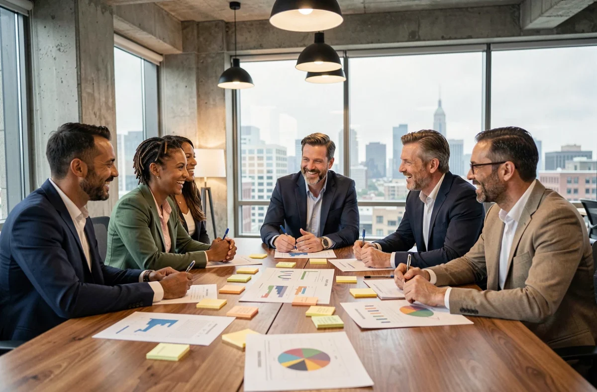 Équipe de professionnels diversifiés en réunion de brainstorming autour d'une table en bois dans un bureau moderne, renforcement de l'esprit d'équipe au travail