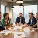 Équipe de professionnels diversifiés en réunion de brainstorming autour d'une table en bois dans un bureau moderne, renforcement de l'esprit d'équipe au travail