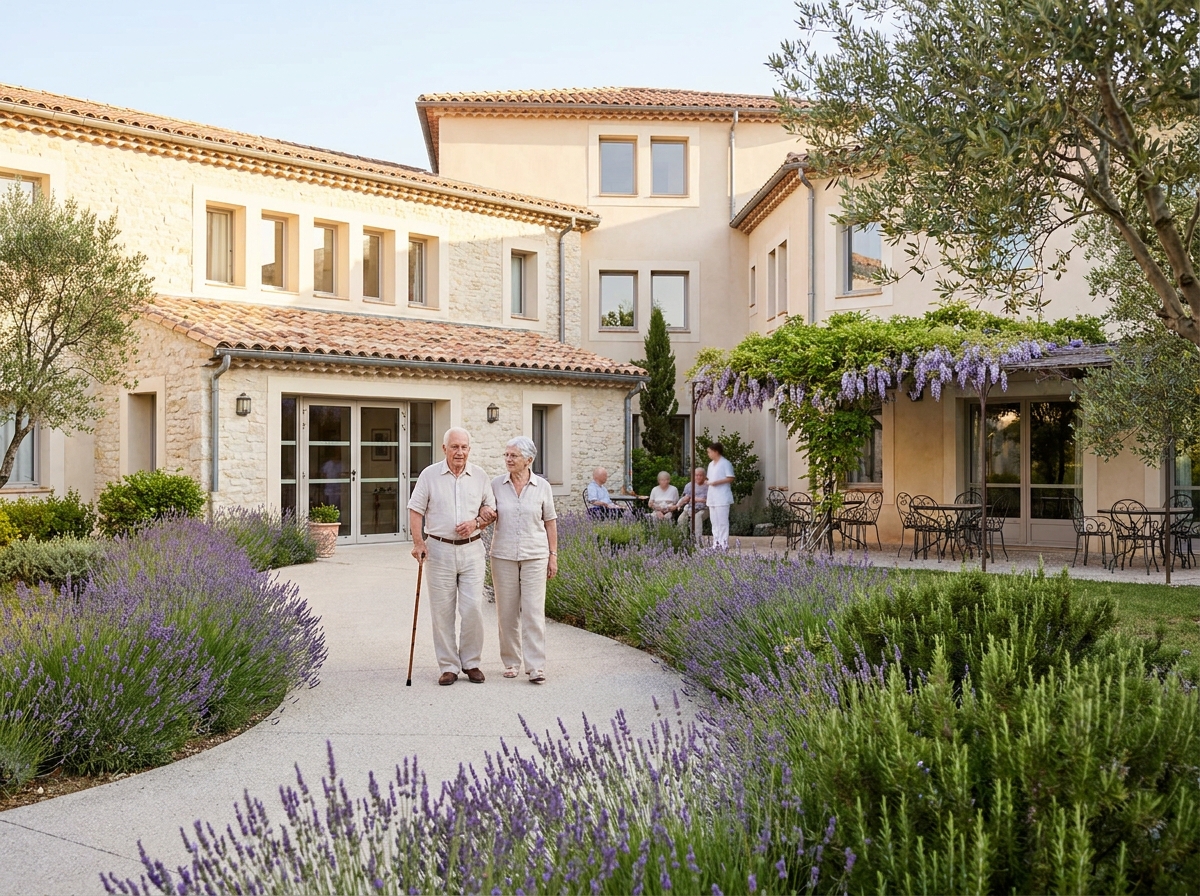 Façade extérieure d'une maison de retraite provençale à Marseille avec couple de résidents se promenant dans le jardin