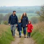Famille souriante en pleine nature au printemps en France