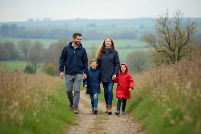 Famille souriante en pleine nature au printemps en France
