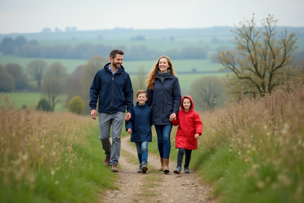 Famille souriante en pleine nature au printemps en France