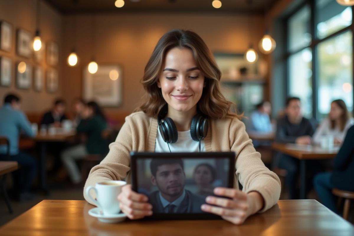 Jeune femme regardant une tablette au café