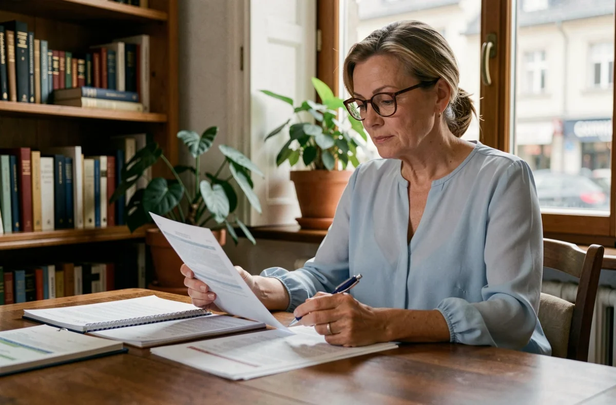 Femme consultant des documents de mutuelle santé à son bureau à domicile en Isère