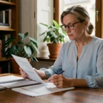 Femme consultant des documents de mutuelle santé à son bureau à domicile en Isère