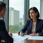 Femme d'âge moyen avec conseiller financier dans un bureau moderne