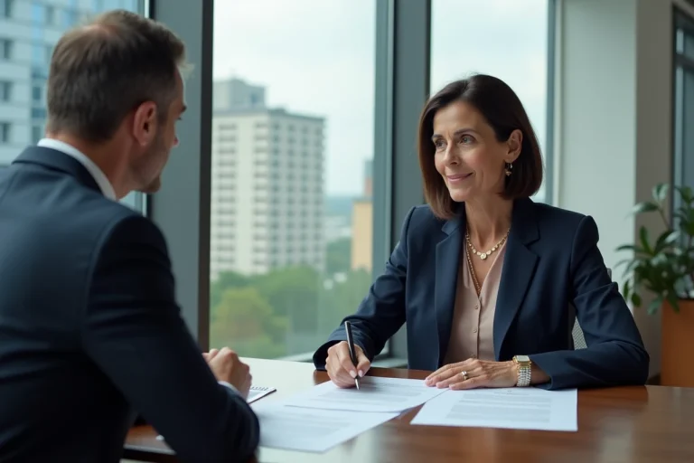 Femme d'âge moyen avec conseiller financier dans un bureau moderne