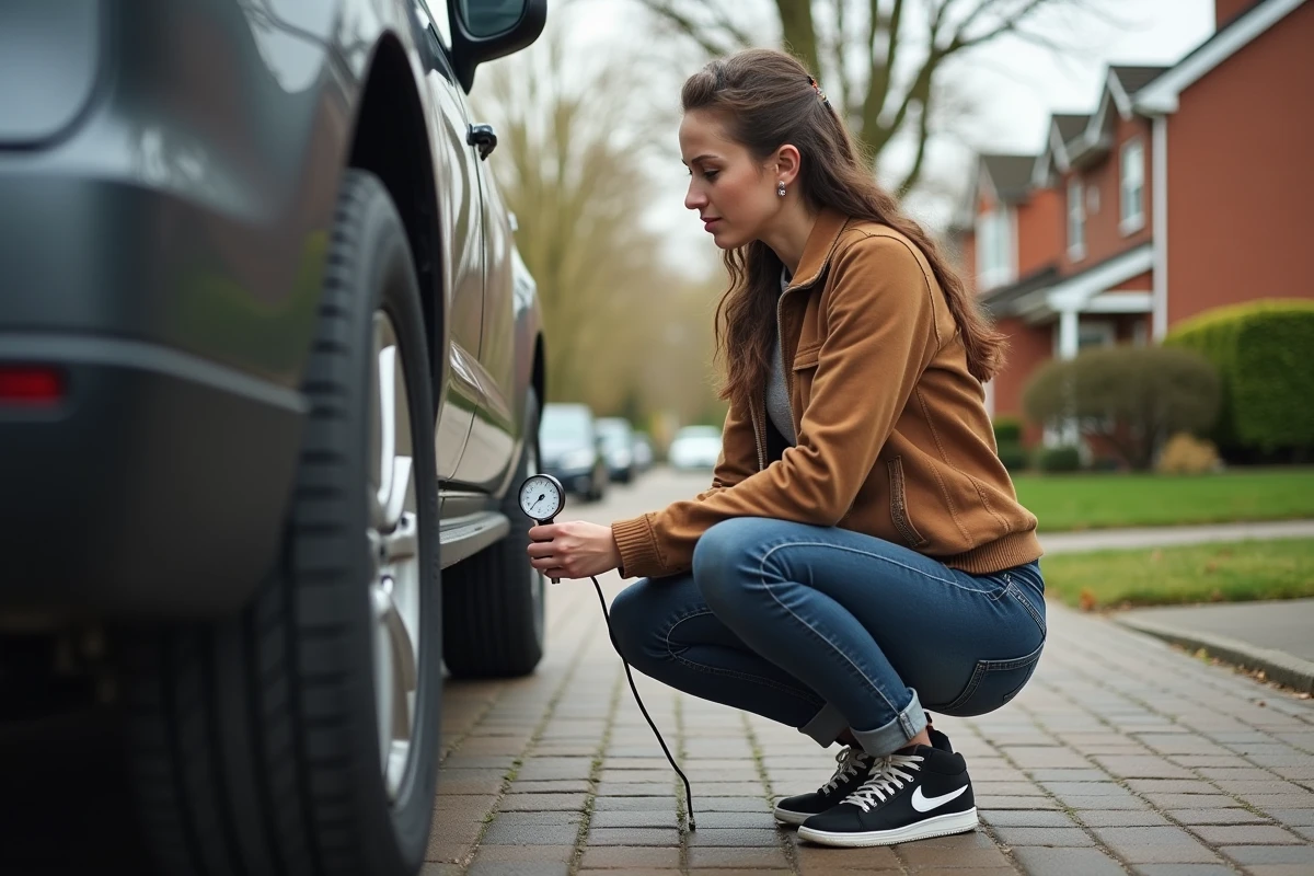 Jeune femme vérifiant la pression de son pneu SUV dans la rue
