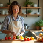 Femme cuisinant des légumes frais sur une planche en bois dans une cuisine chaleureuse et authentique