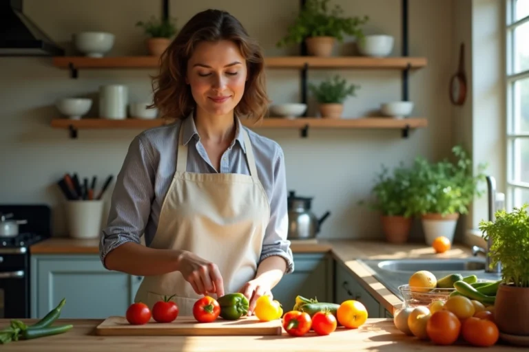 Femme cuisinant des légumes frais sur une planche en bois dans une cuisine chaleureuse et authentique