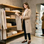Femme élégante en trench-coat beige et pantalon marine dans une boutique de mode parisienne minimaliste