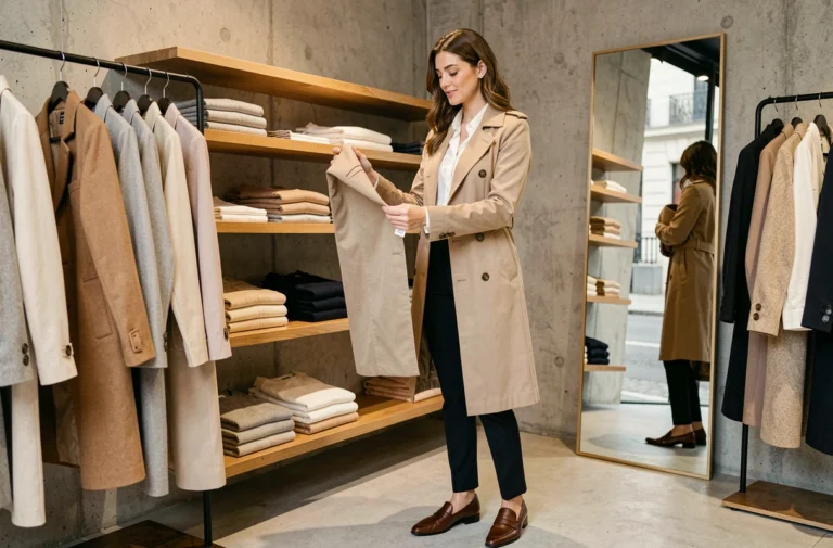 Femme élégante en trench-coat beige et pantalon marine dans une boutique de mode parisienne minimaliste