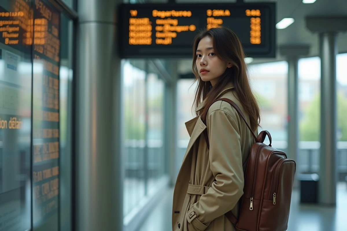Jeune femme regardant le tableau des départs à la gare