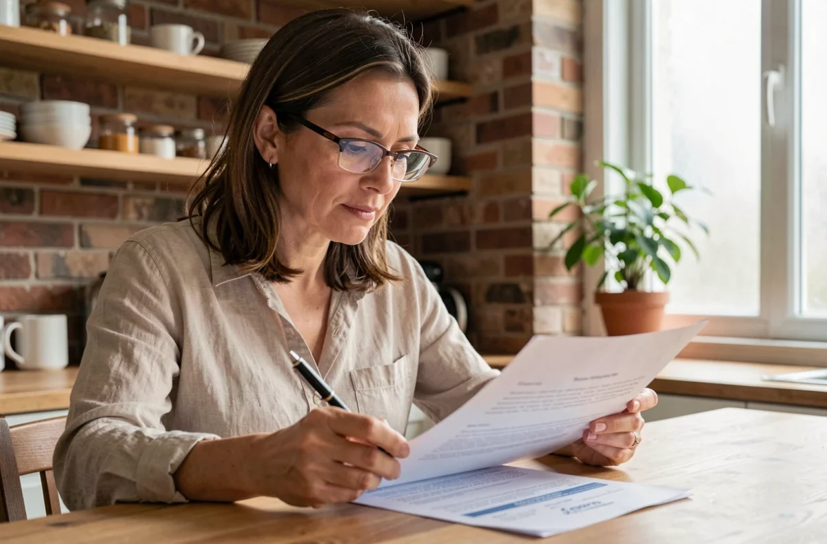 Femme lisant un document de transfert de propriété immobilière à la table de sa cuisine